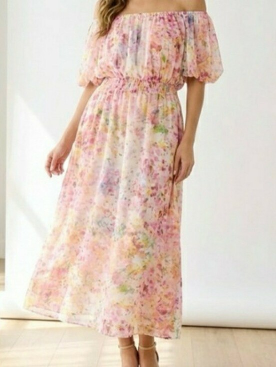 Sam And Jess Dresses & Skirts - Sam and Jess Off-Shoulder Puff Sleeve Pastel Watercolor Floral Maxi Dress, 2X